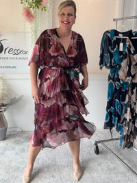 Emily Burgundy Floral Silk Dress