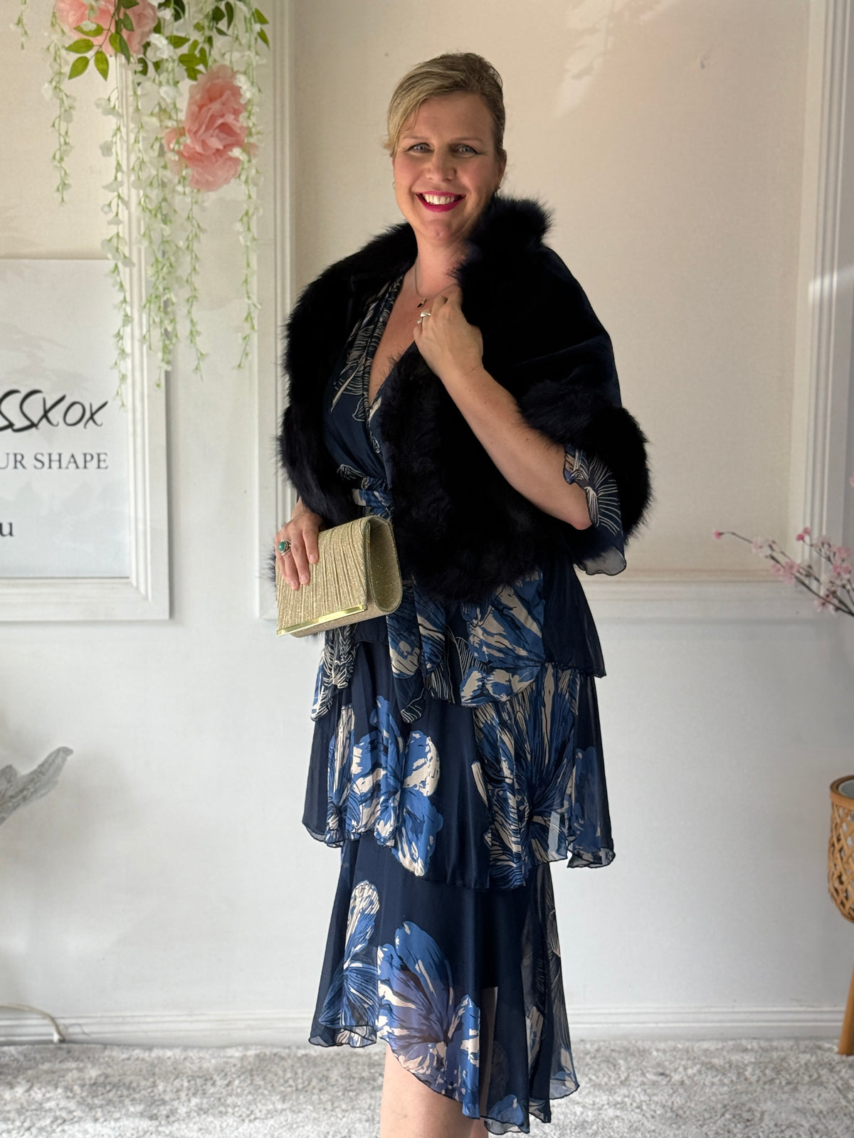 Emily Navy Floral Silk Dress