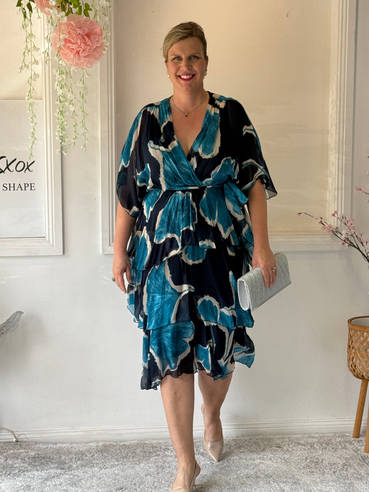 Emily Teal Abstract Silk Dress