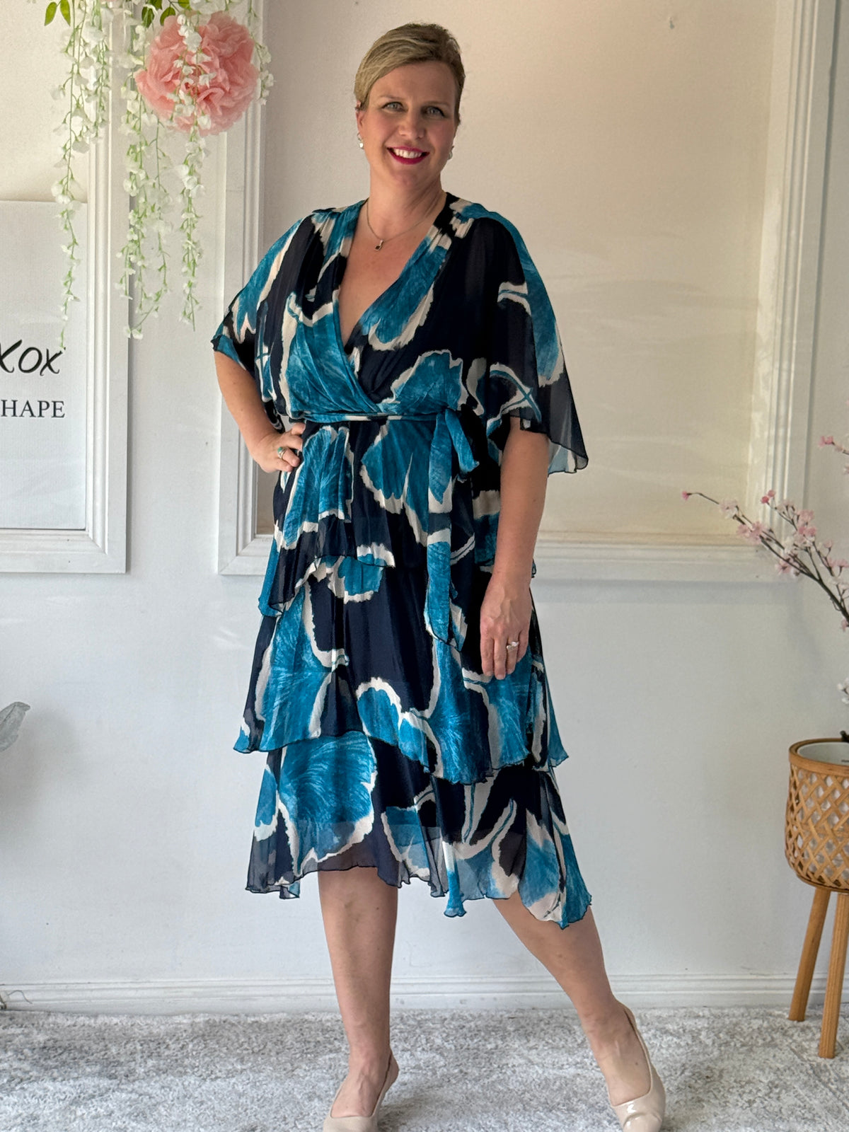 Emily Teal Abstract Silk Dress