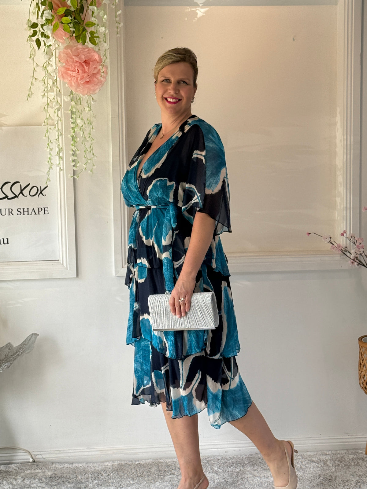 Emily Teal Abstract Silk Dress