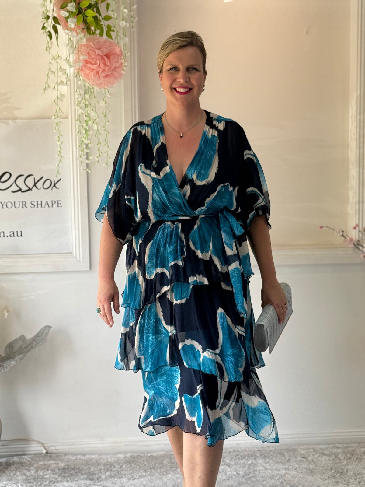 Emily Teal Abstract Silk Dress