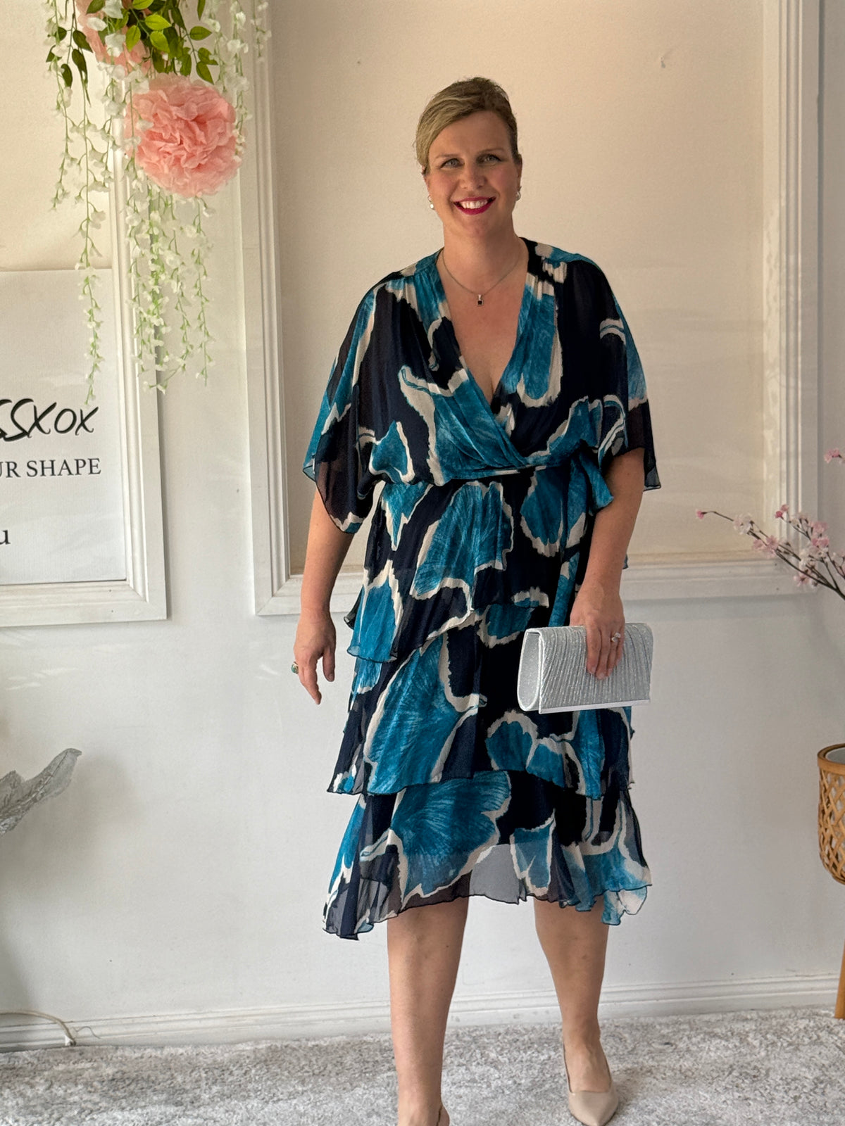 Emily Teal Abstract Silk Dress