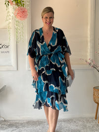 Emily Teal Abstract Silk Dress