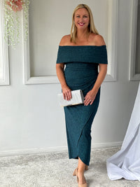 Melanie Teal Glitter Evening Gown