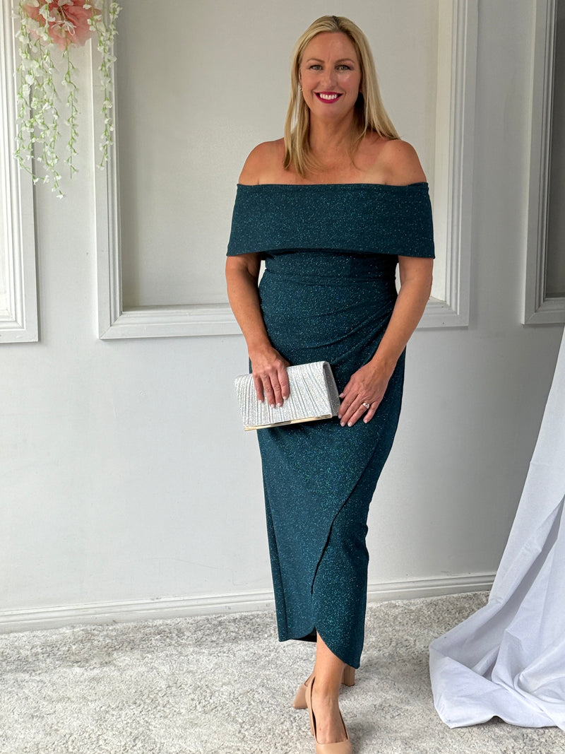 Melanie Teal Glitter Evening Gown