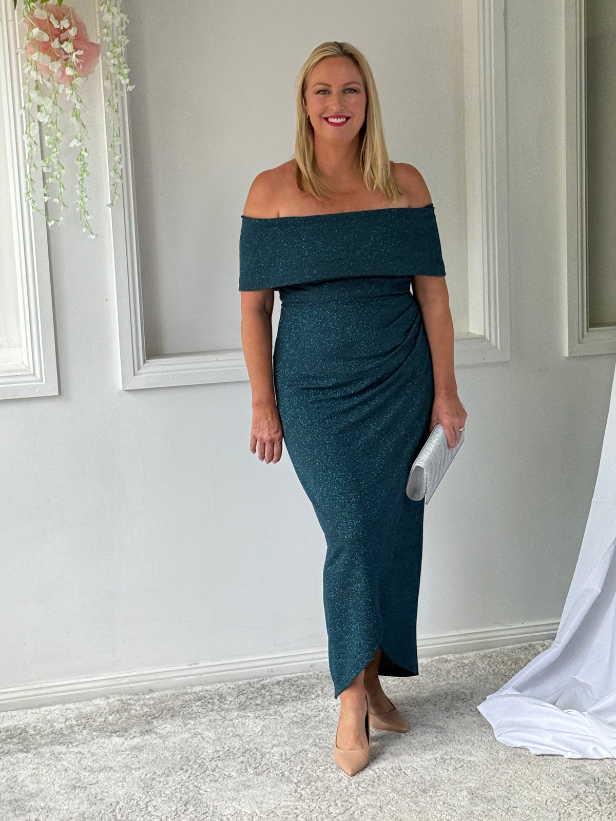 Melanie Teal Glitter Evening Gown