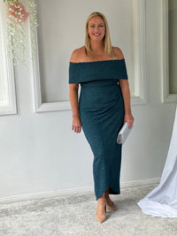 Melanie Teal Glitter Evening Gown