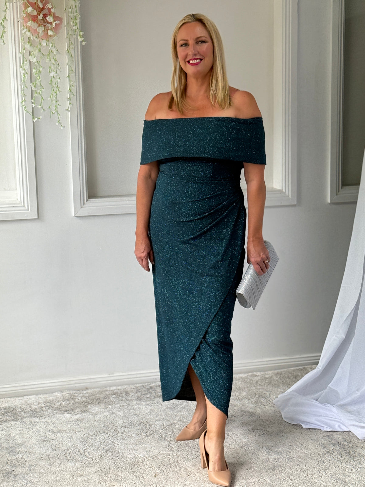 Melanie Teal Glitter Evening Gown