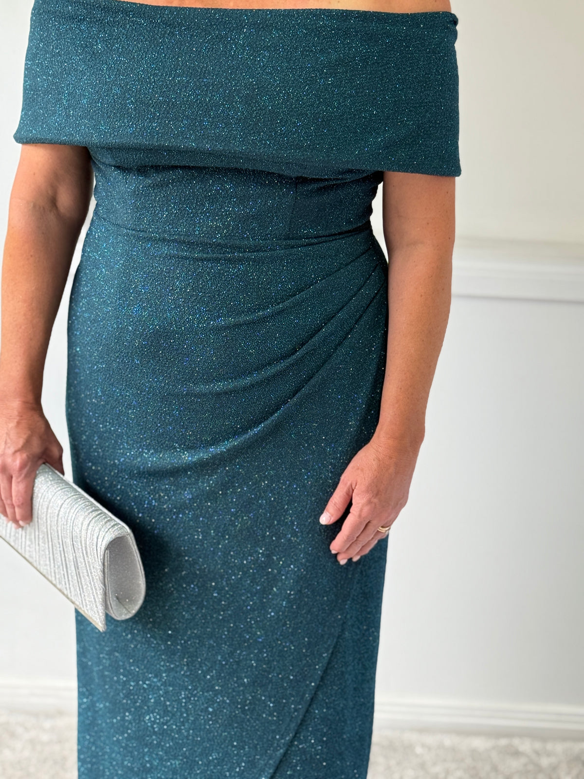 Melanie Teal Glitter Evening Gown