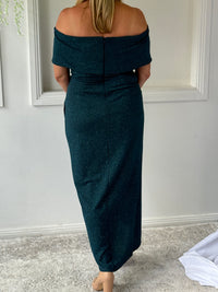 Melanie Teal Glitter Evening Gown