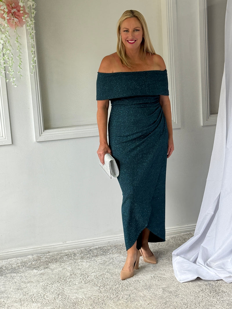 Melanie Teal Glitter Evening Gown