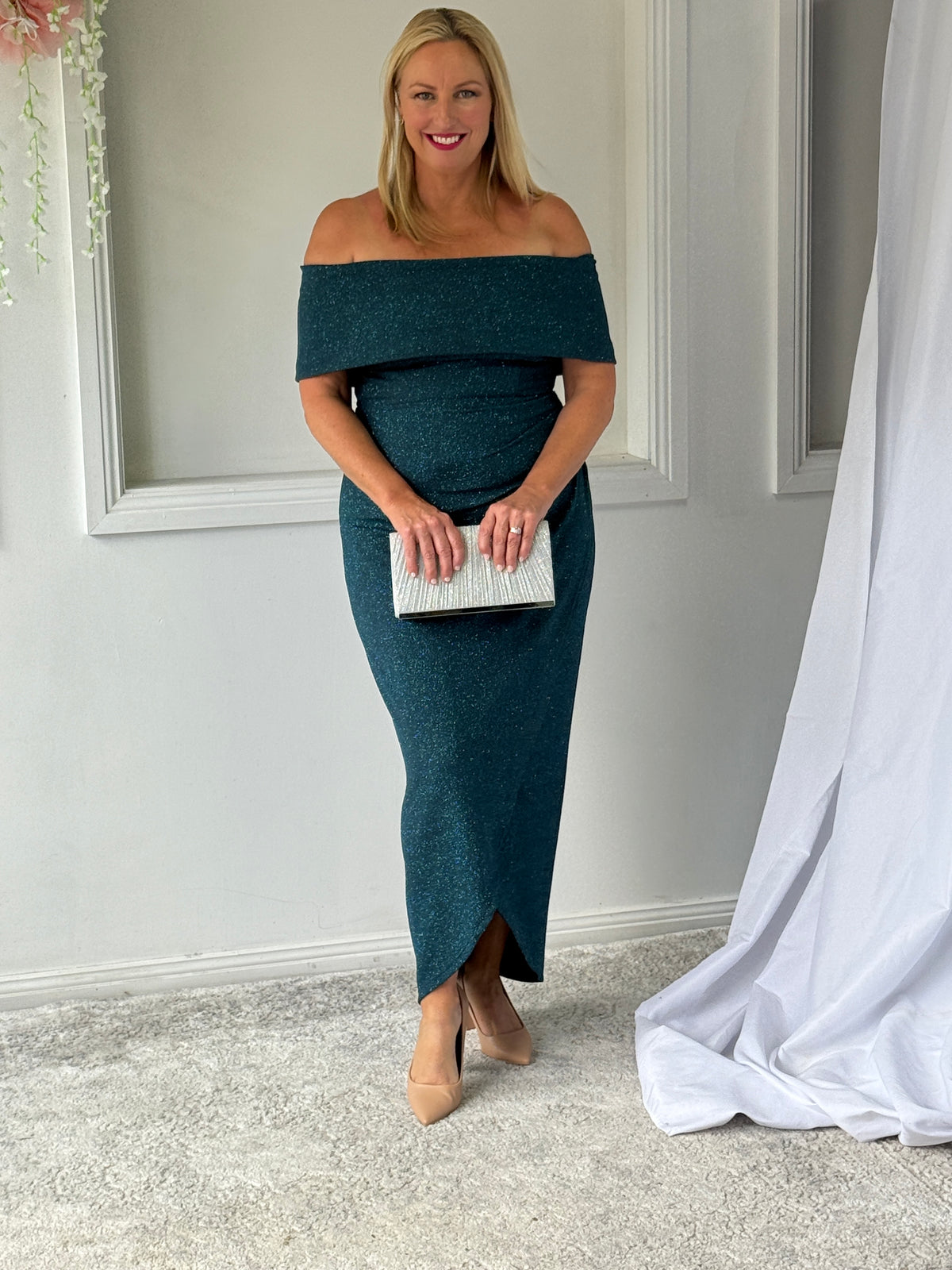 Melanie Teal Glitter Evening Gown