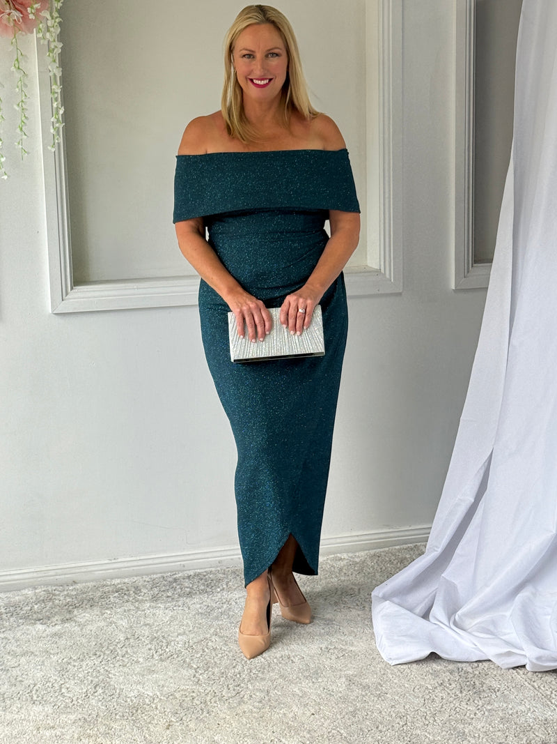 Melanie Teal Glitter Evening Gown