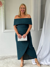 Melanie Teal Glitter Evening Gown