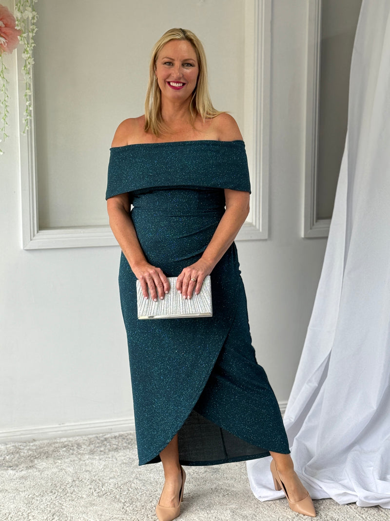 Melanie Teal Glitter Evening Gown