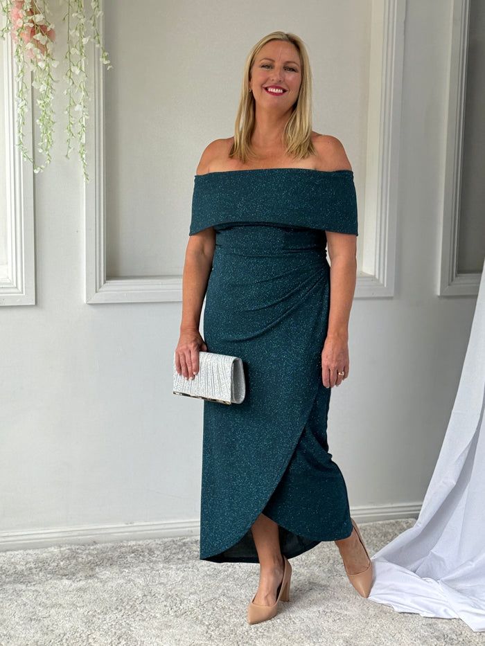 Melanie Teal Glitter Evening Gown