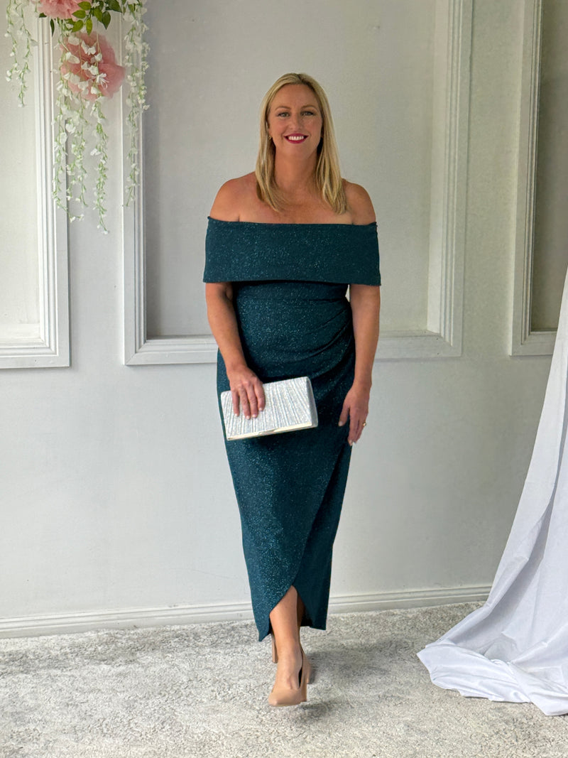 Melanie Teal Glitter Evening Gown