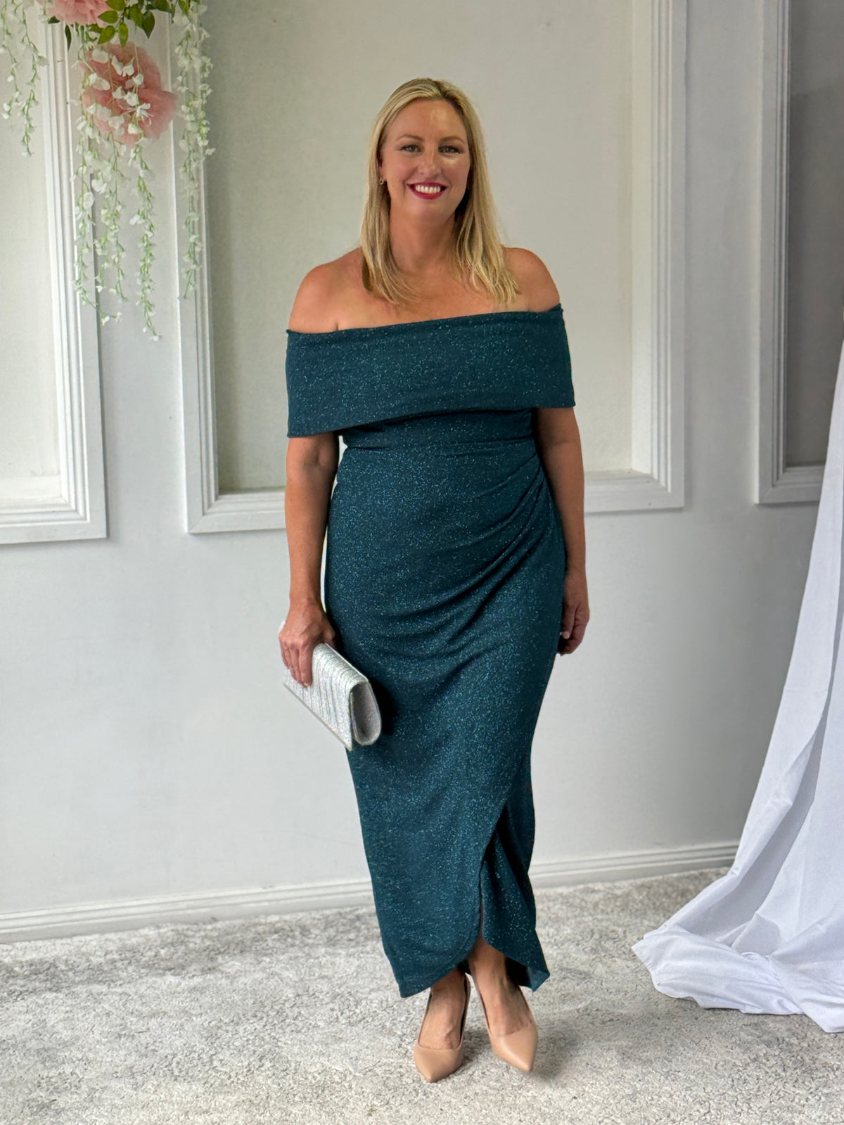 Melanie Teal Glitter Evening Gown