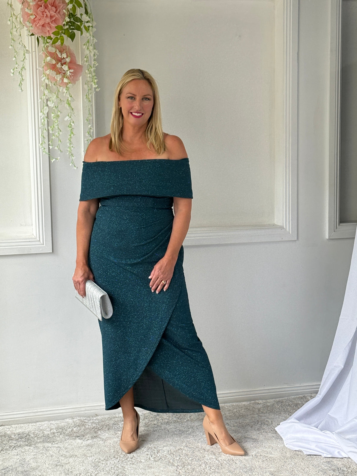 Melanie Teal Glitter Evening Gown