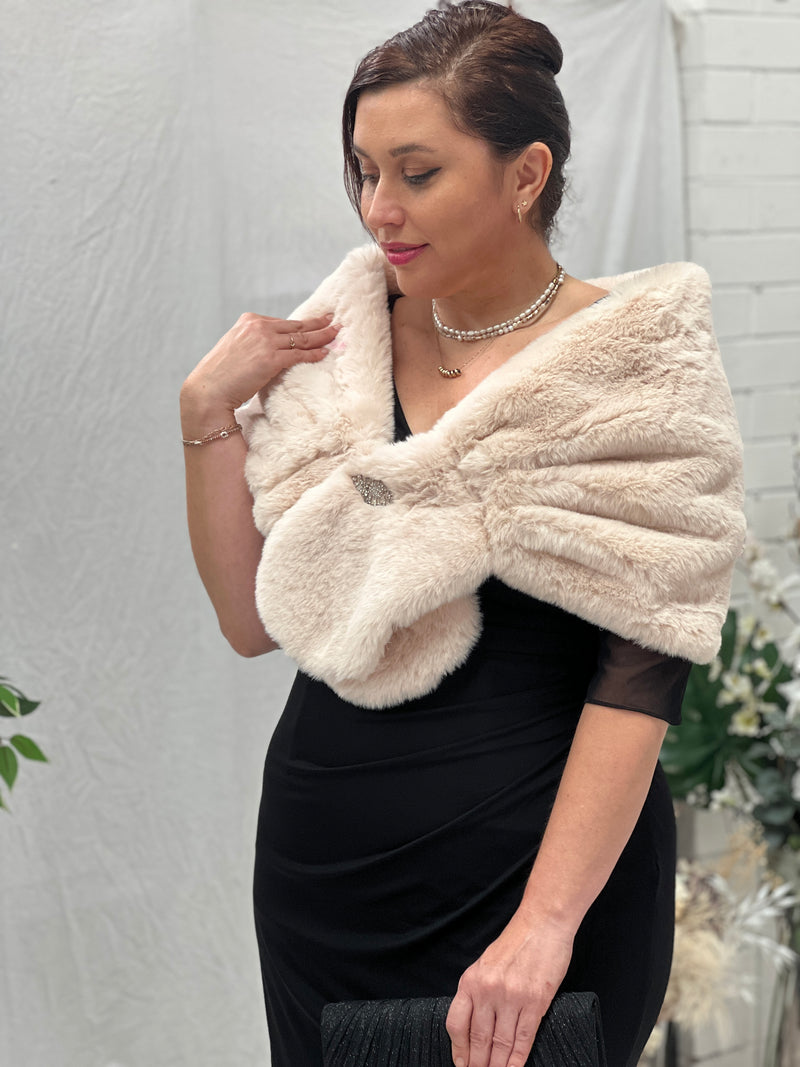 Yannis Cream Faux Fur Shawl