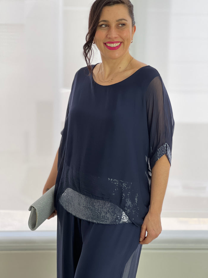 Callie Navy Sequin Silk Top