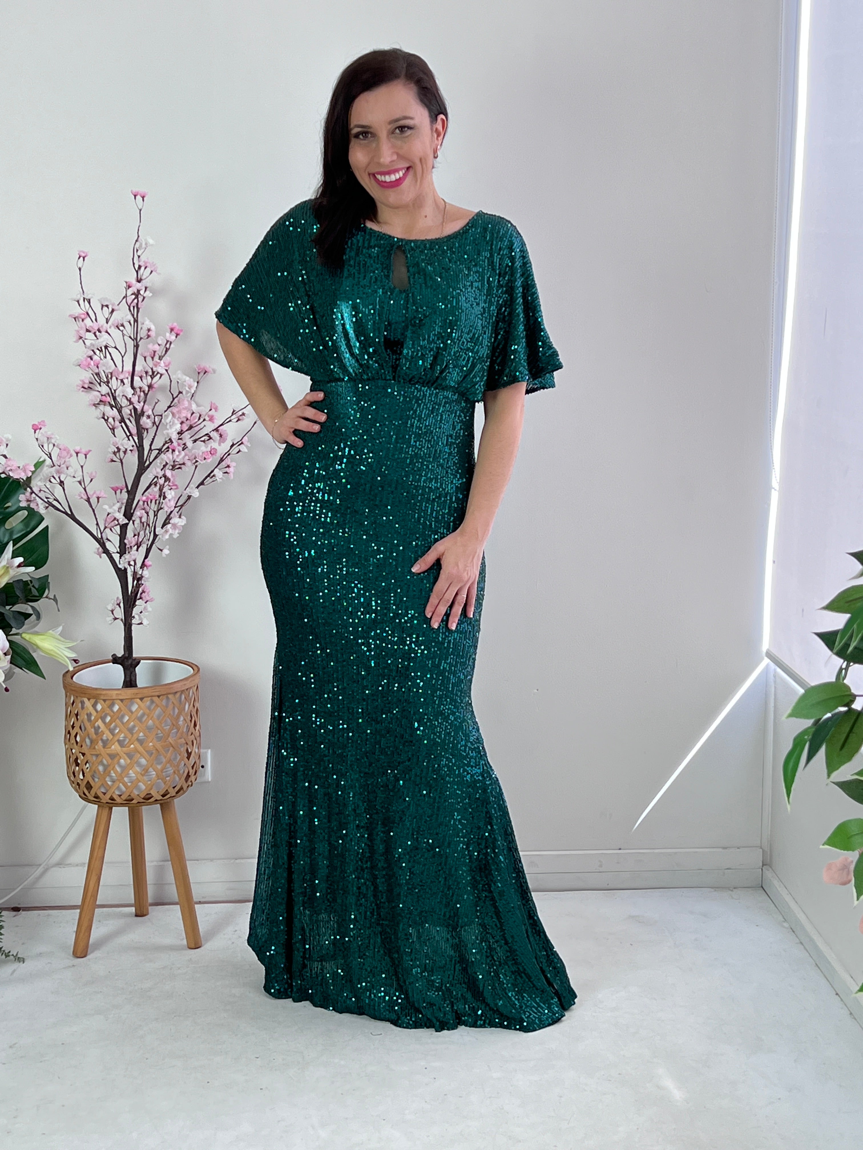 Mirabella Long Sleeve Fitted Evening Dress - Emerald Green – StyleMissus