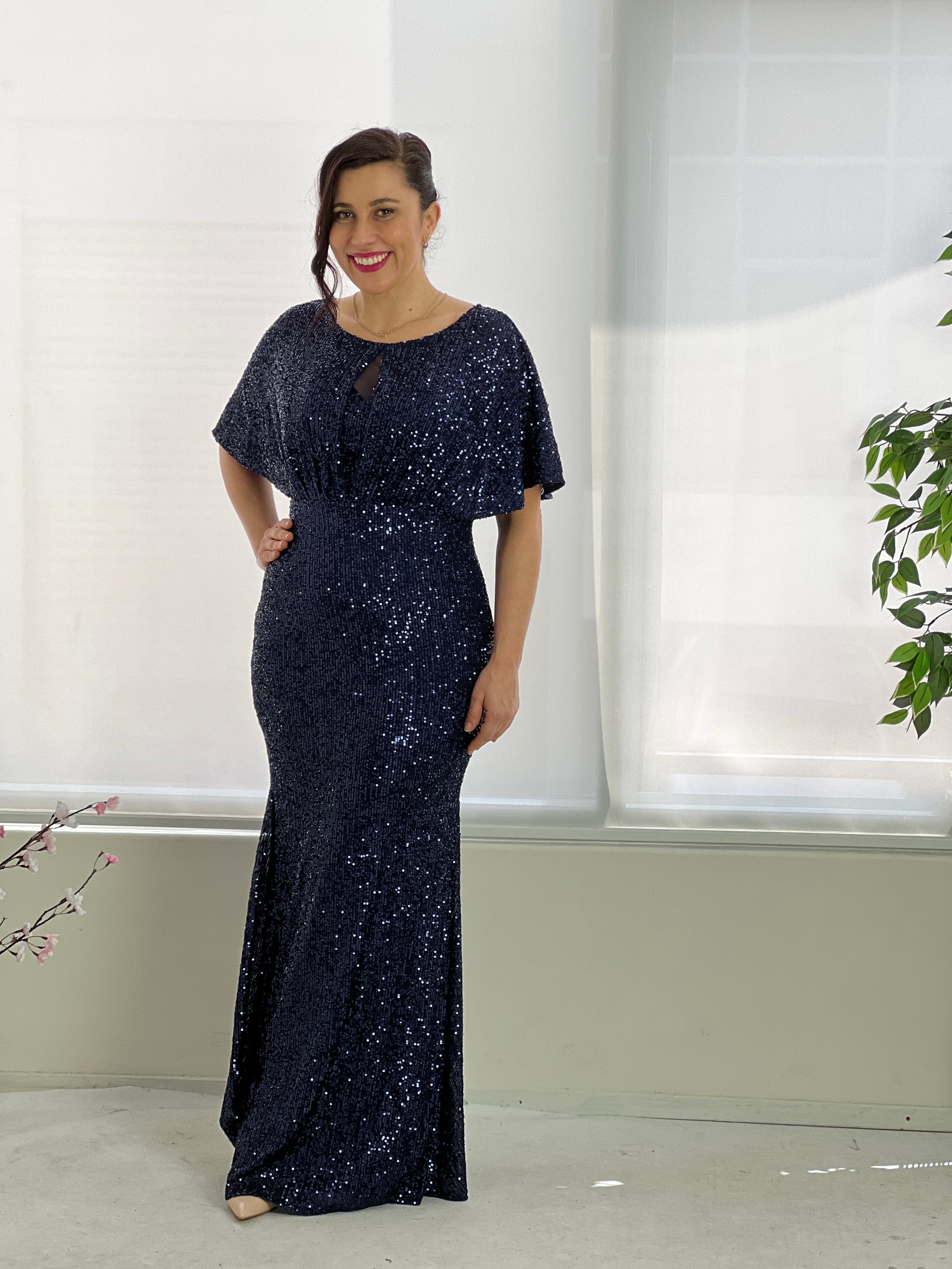 Samanda navy sequin chiffon evening dress