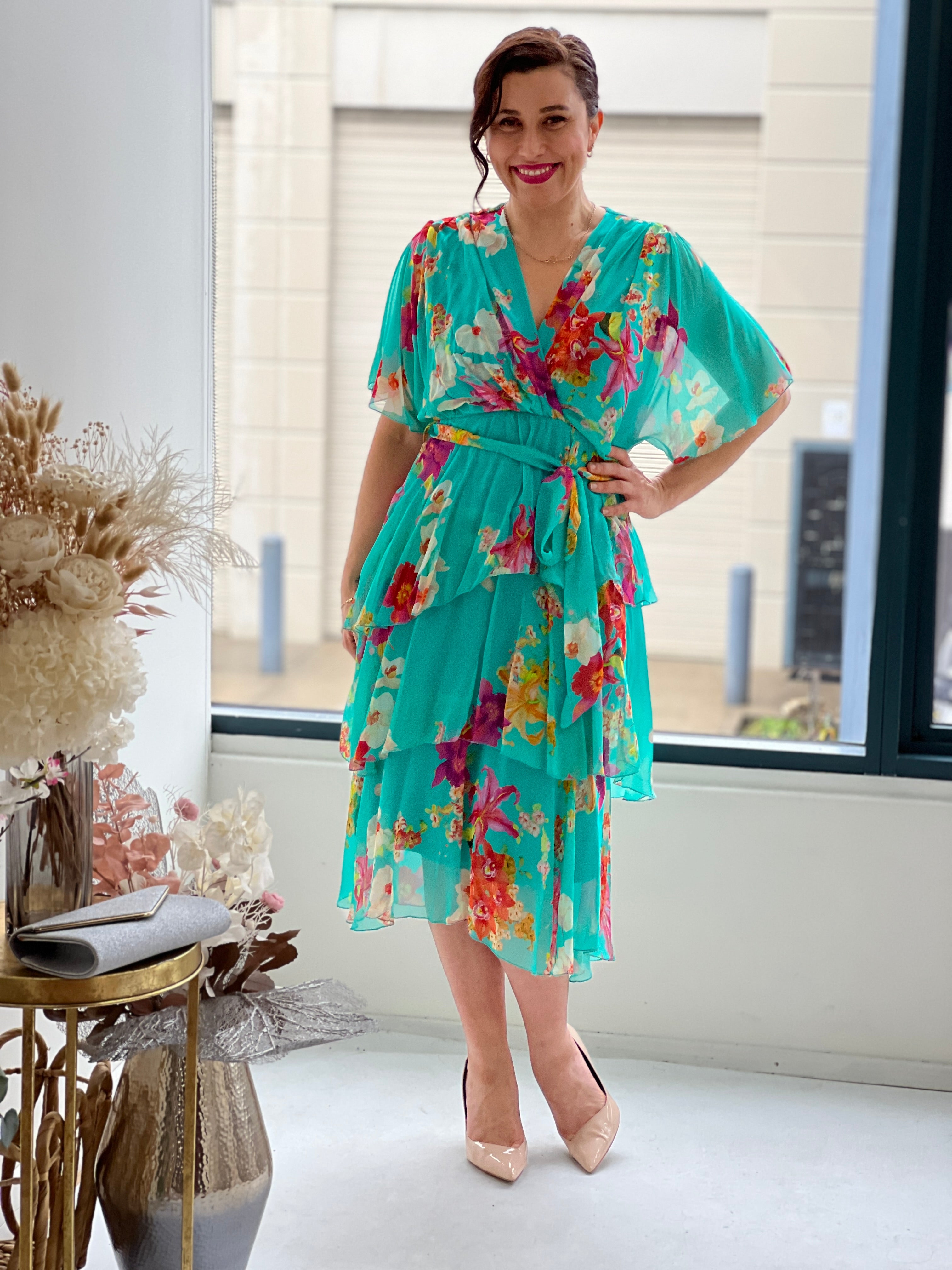 Clara Aqua Floral Silk Dress Dressxox