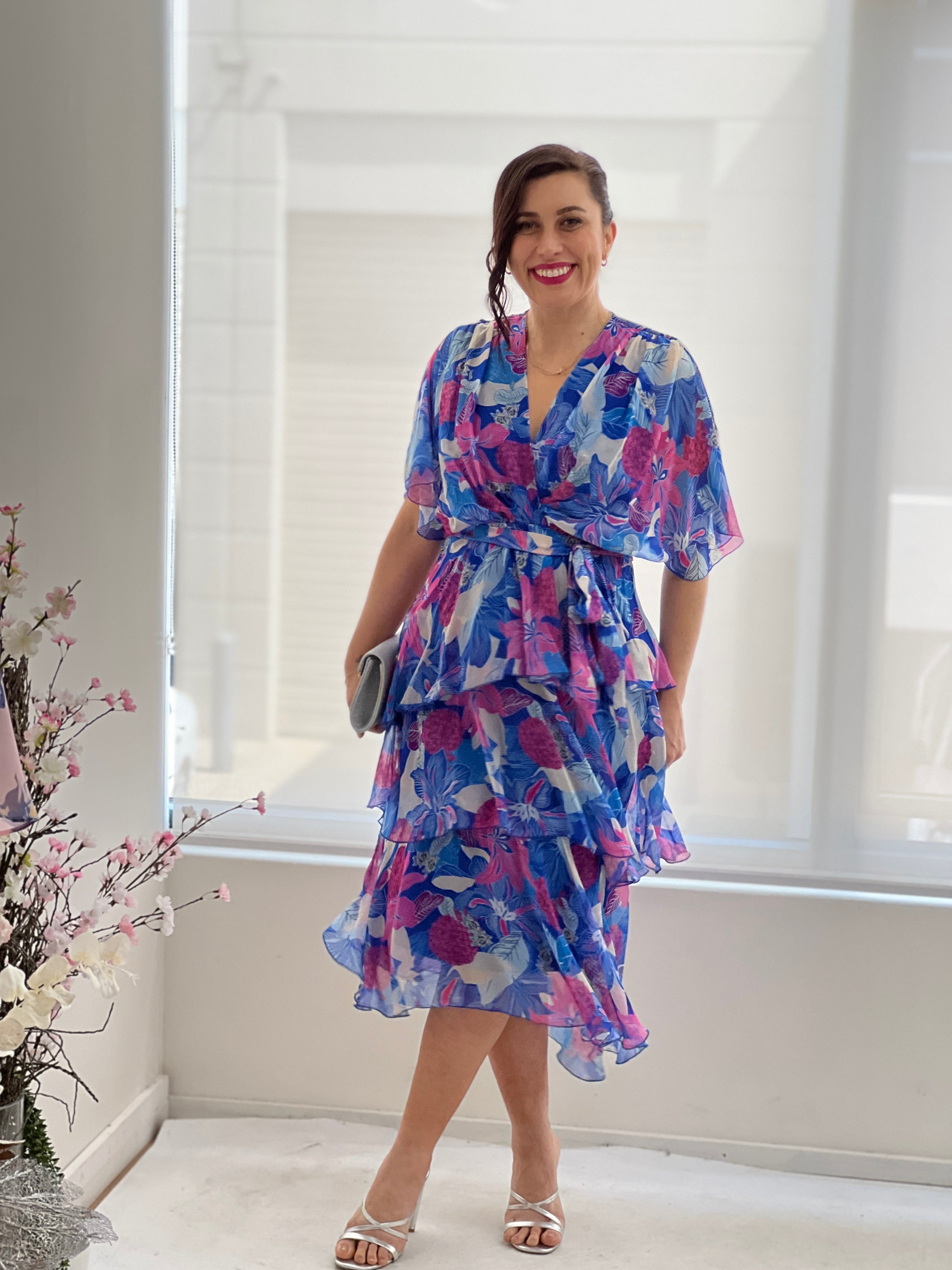 Clara Blue Blossom Silk Dress Dressxox