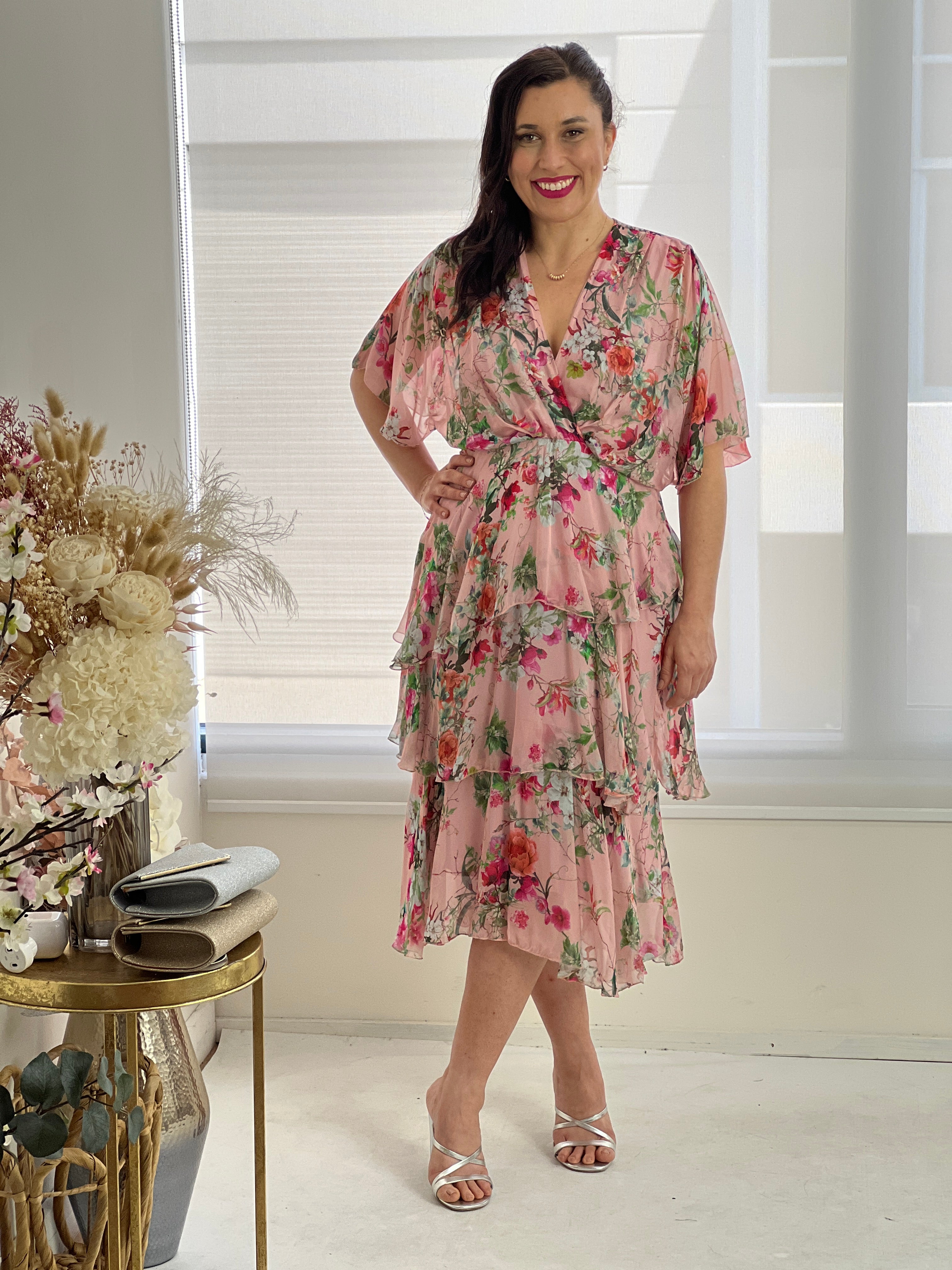 Pink floral 2025 silk dress