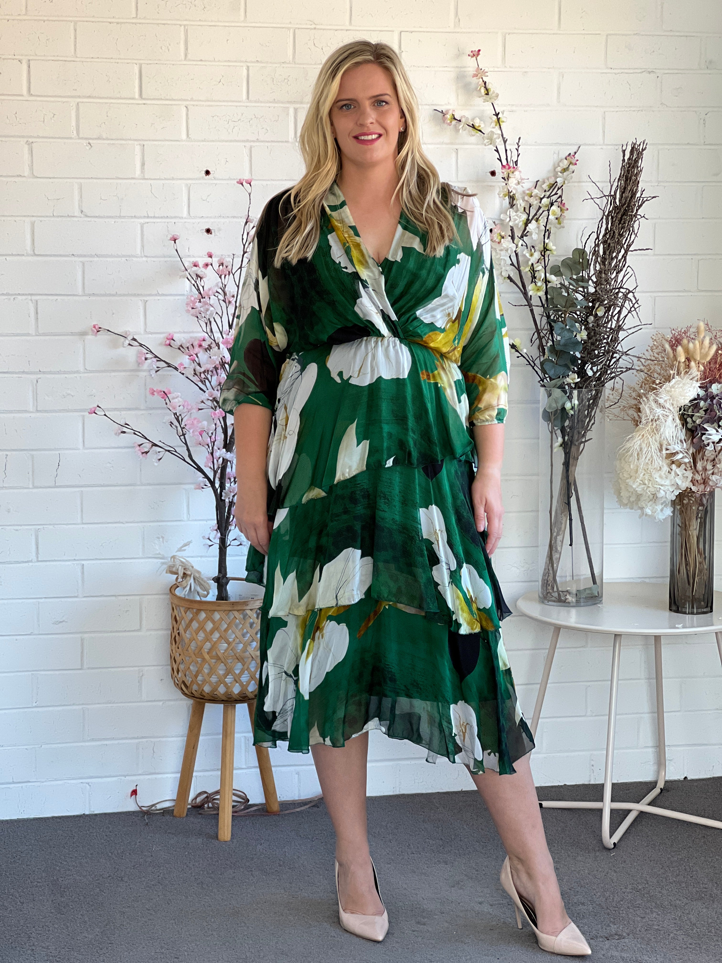 Green silk 2025 floral dress