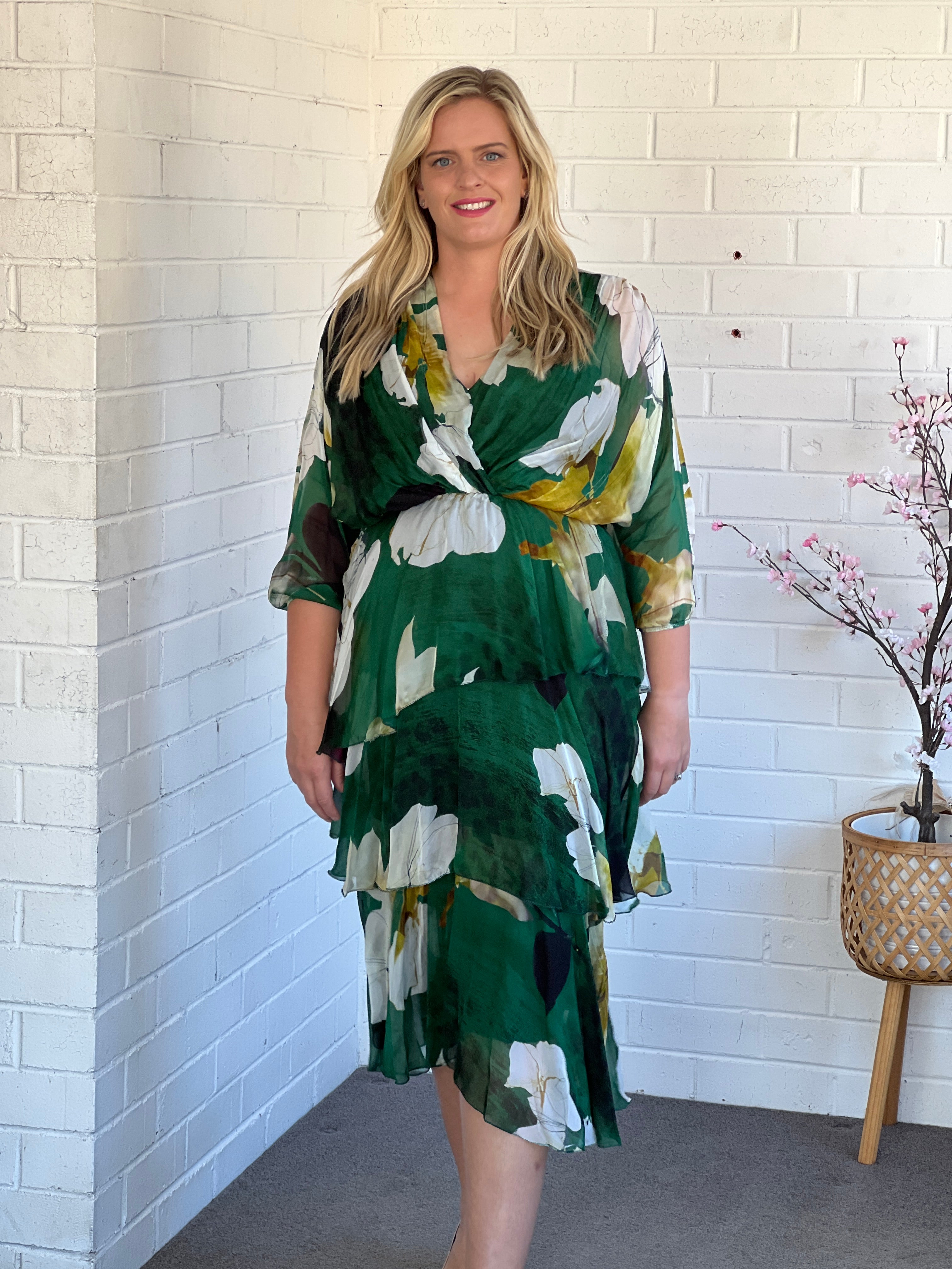 Green floral sales silk dress