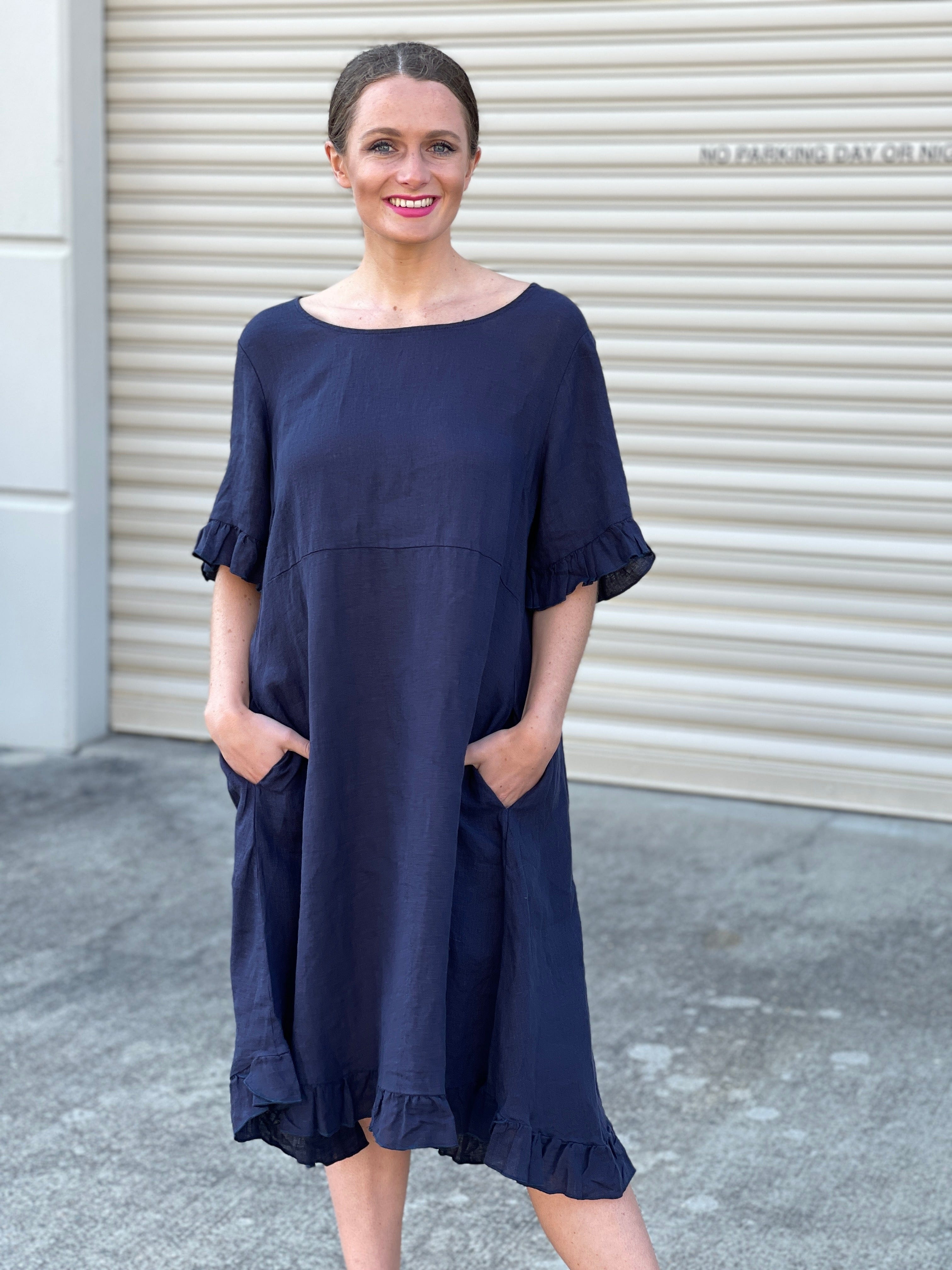 Navy blue linen outlet dress