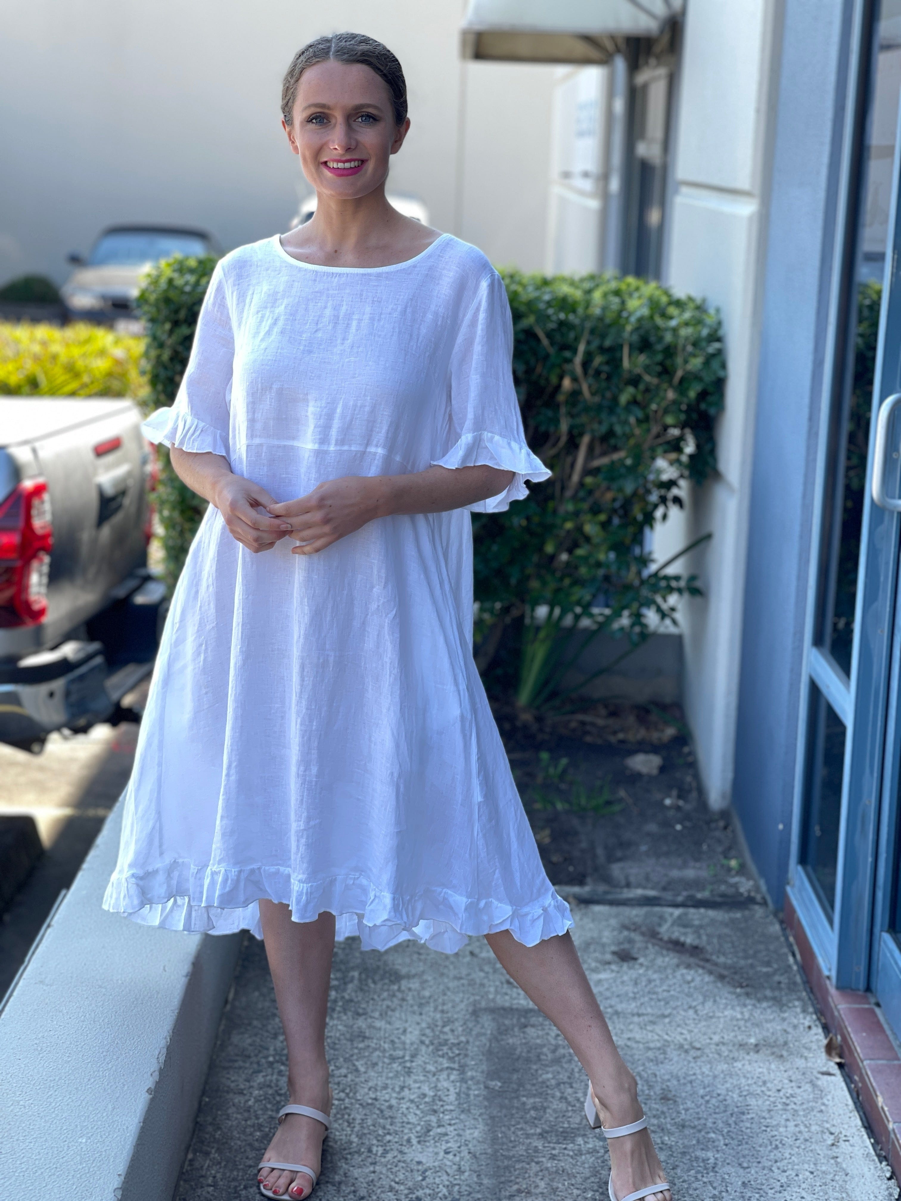 Cali & Co DRESSES S/M Quade White Linen Dress