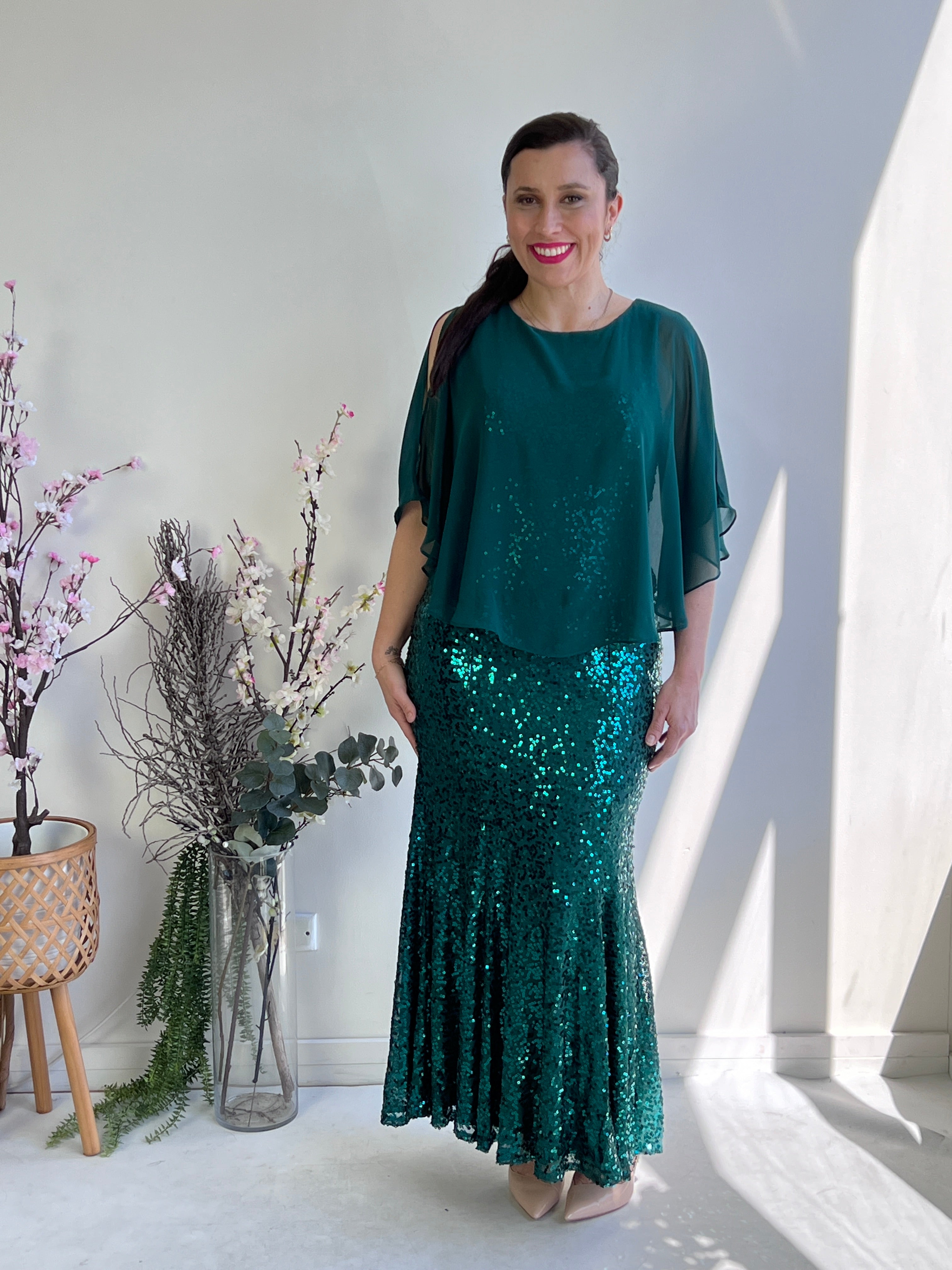 Emerald Green Long Sleeves Off The Shoulder Satin Lace Split Formal Dr –  Siaoryne