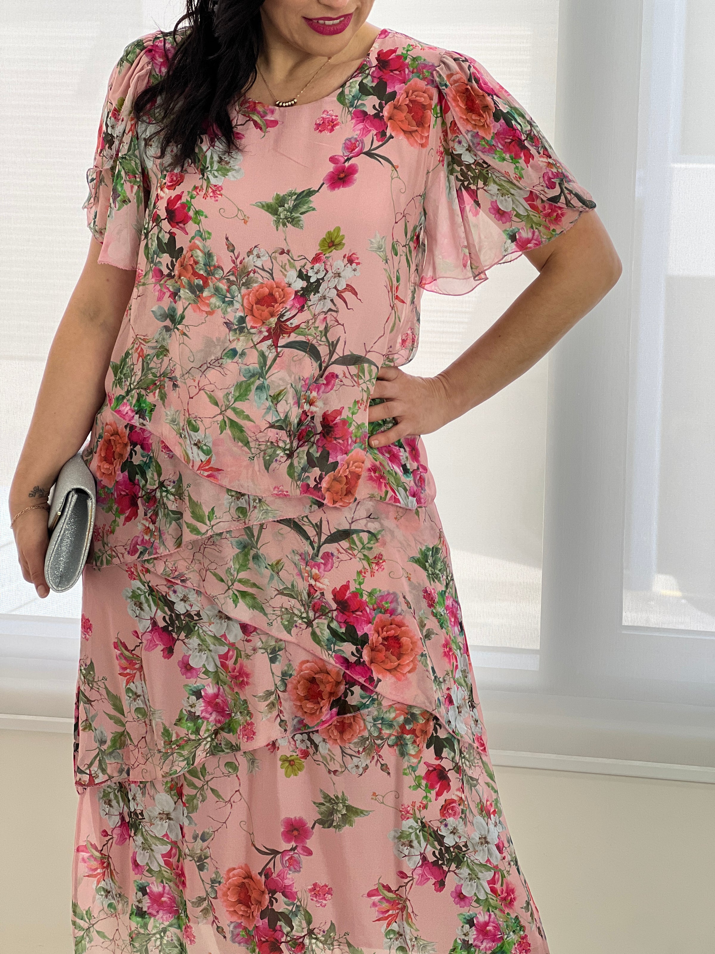 Ghana Blush Floral Silk Evening Dress Dressxox