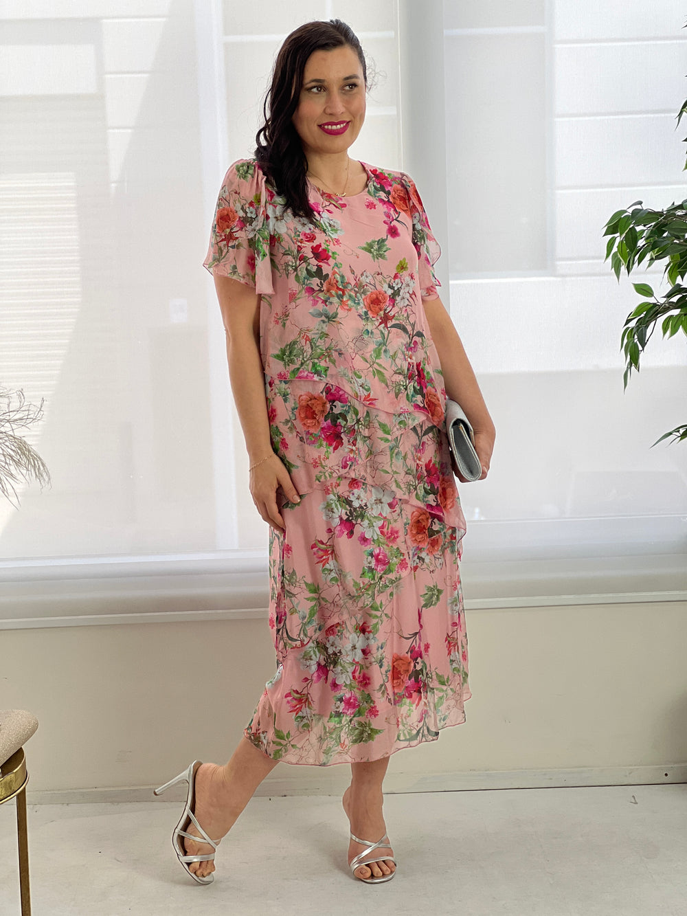 Ghana Blush Floral Silk Evening Dress Dressxox