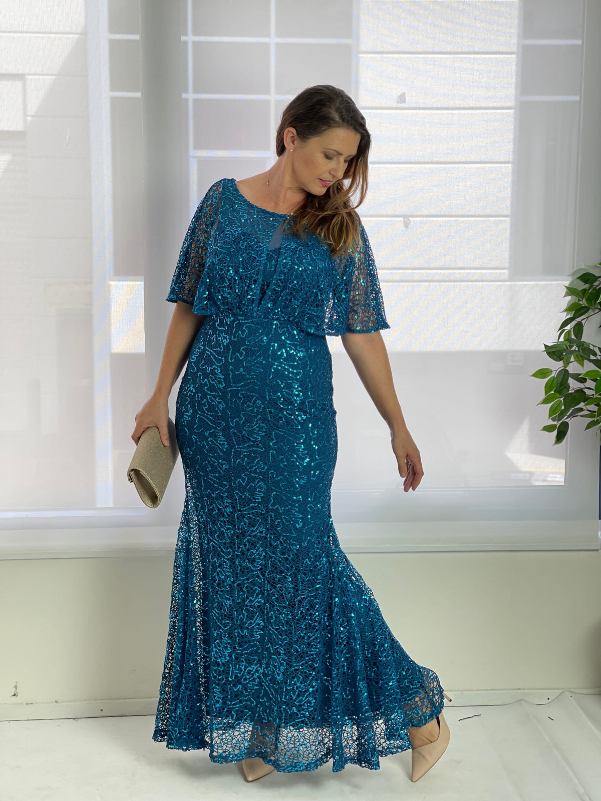 Miss Anne DRESSES Payton Teal Sequin Evening Gown