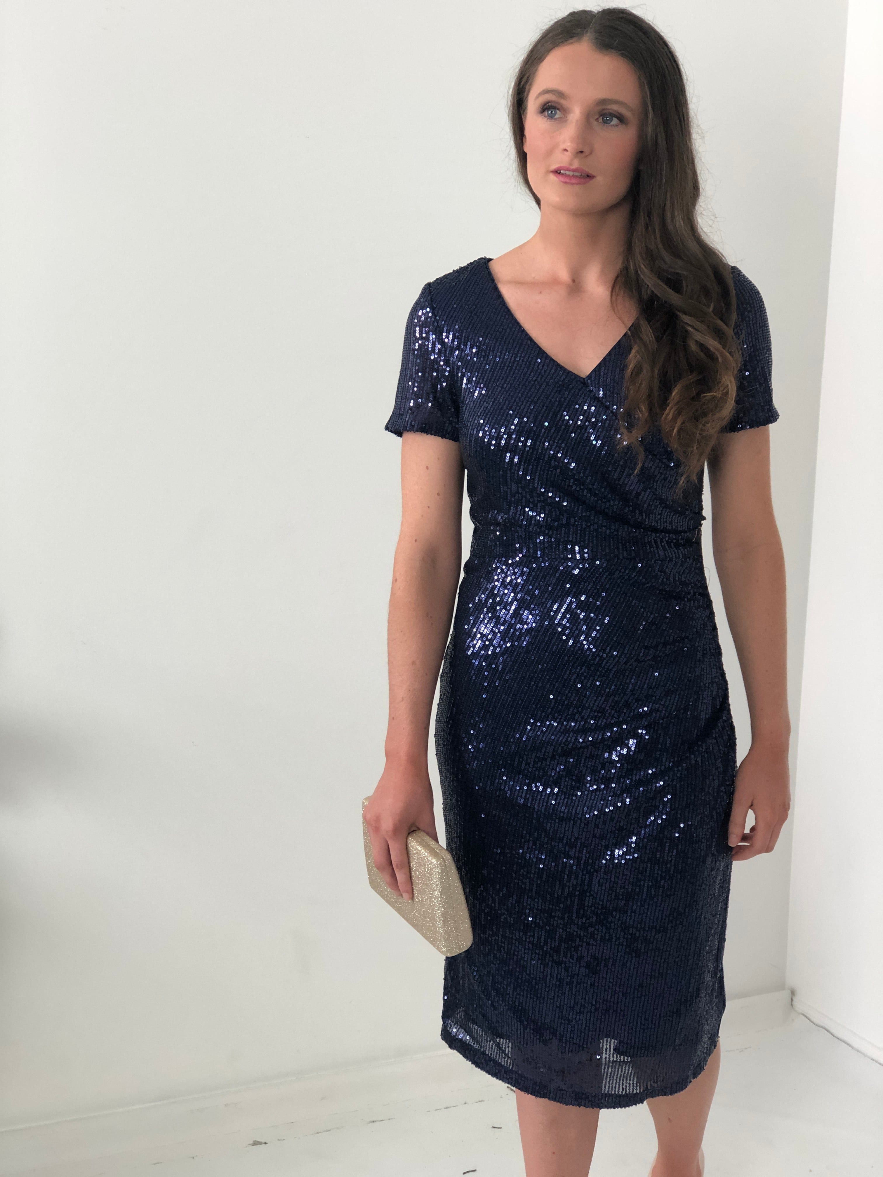 Navy blue sequin hot sale dress short