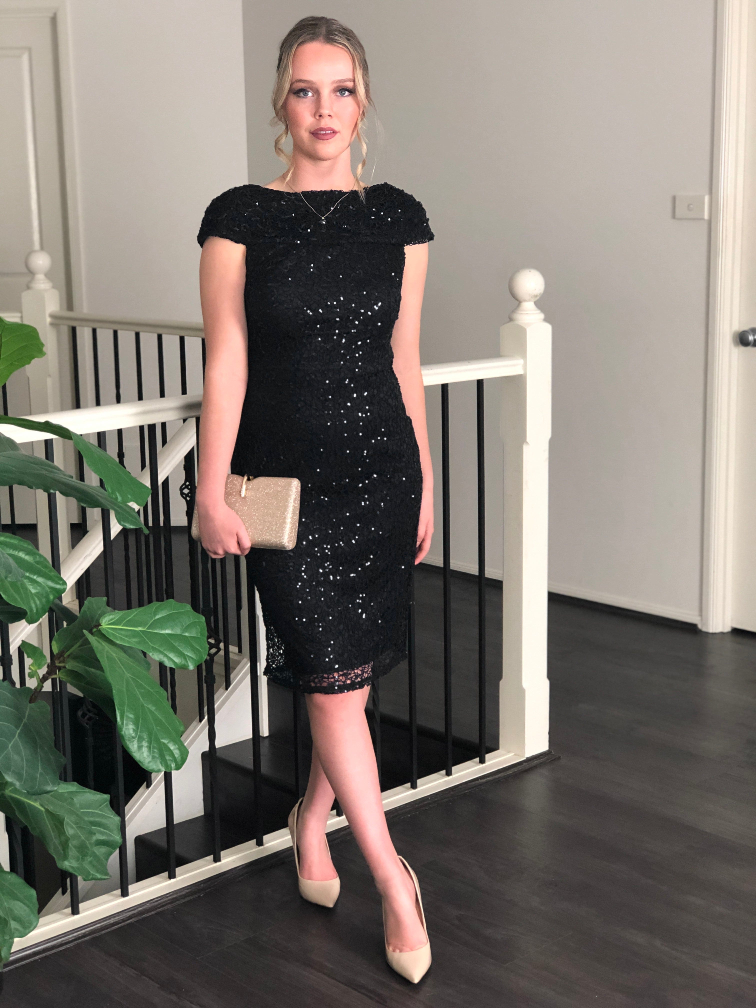 Black sequin 2025 knee length dress