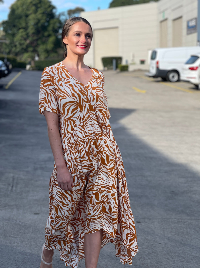 New U Collection DRESSES Petal Sandstone Zebra Midi Dress