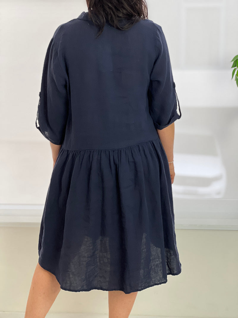 Norah Navy Linen Shirt Dress