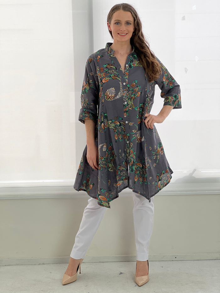 Tulum Peacock Linen Shirt Dress