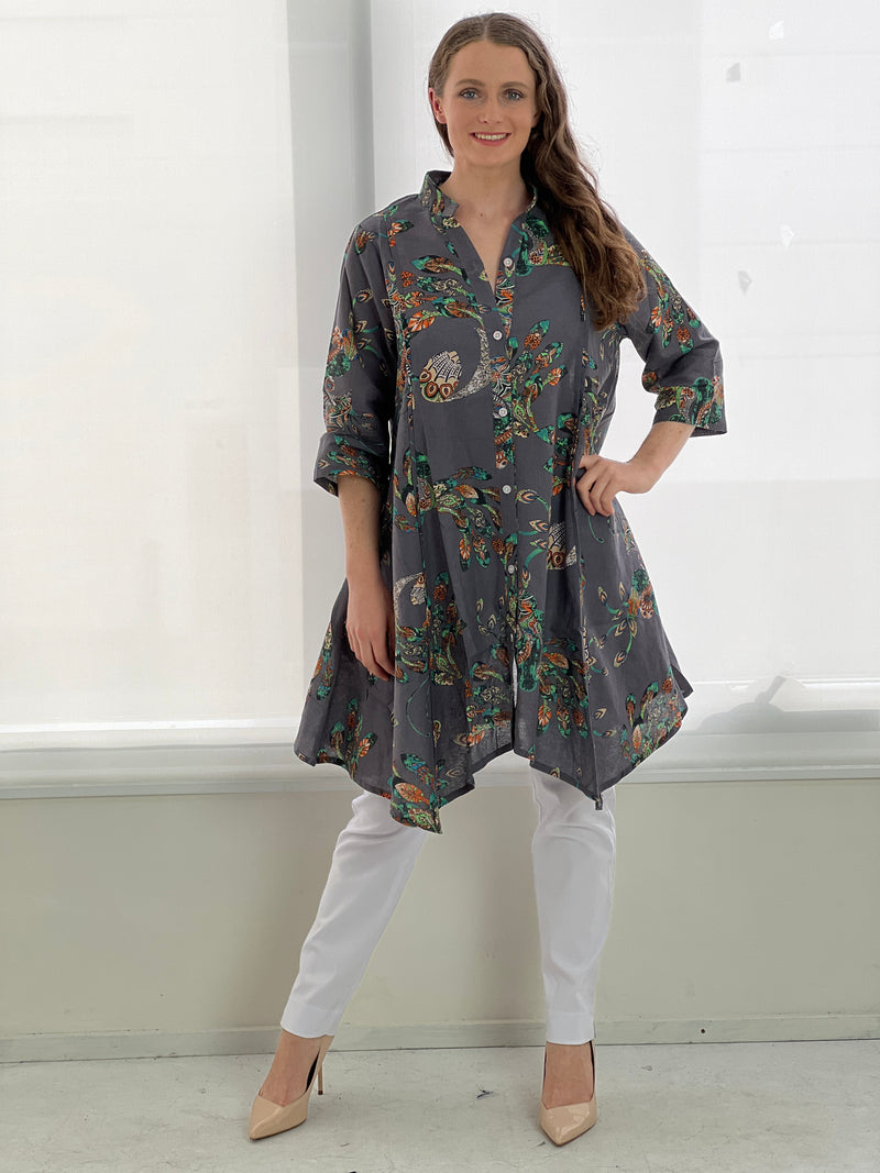 Tulum Peacock Linen Shirt Dress
