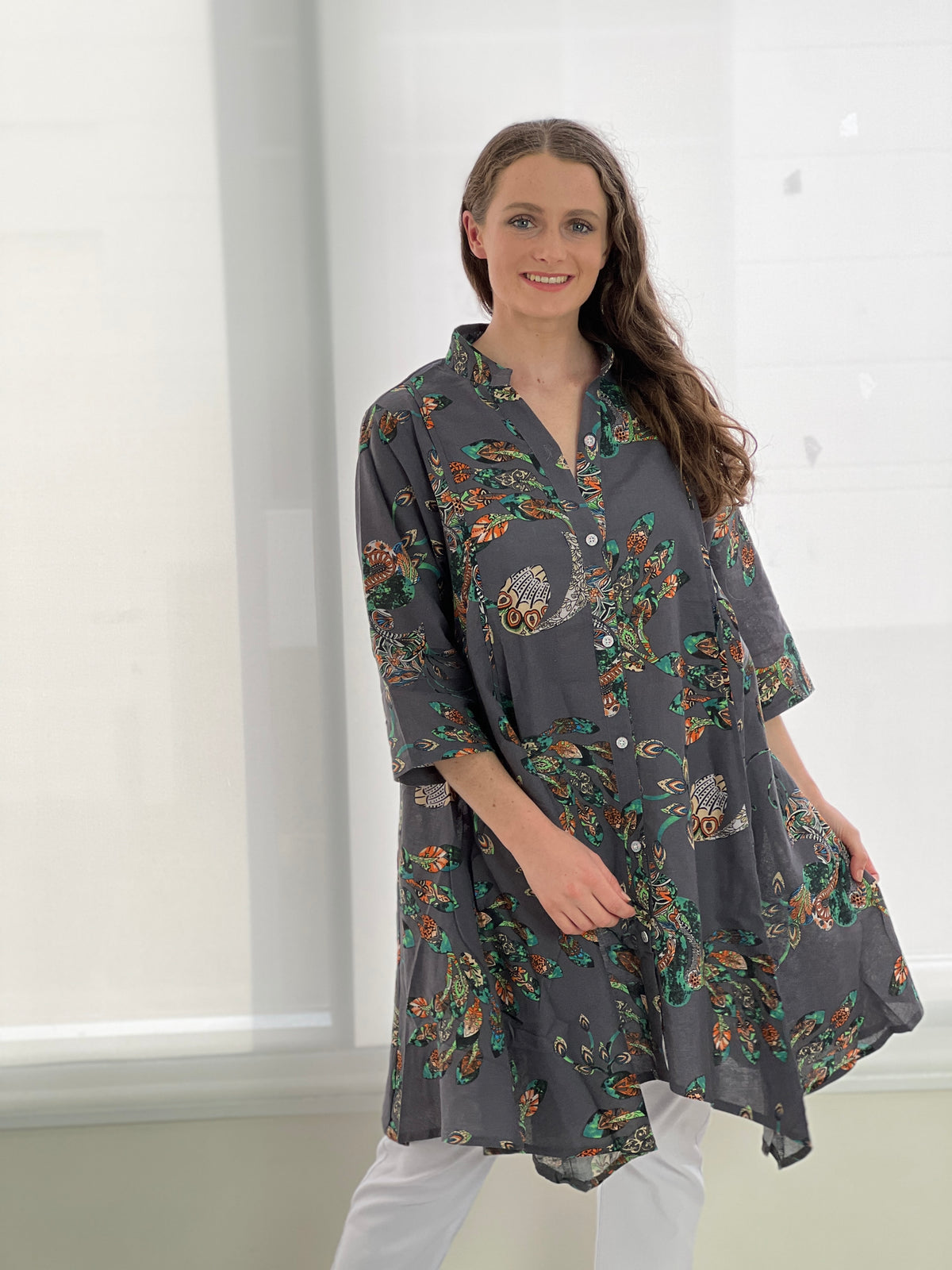 Tulum Peacock Linen Shirt Dress