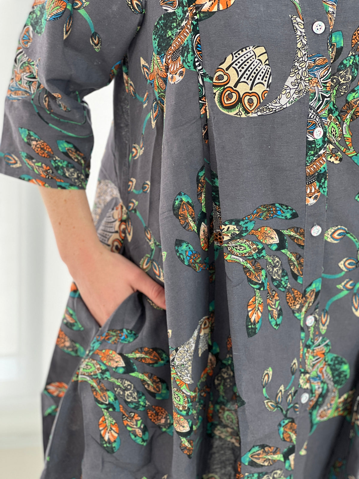 Tulum Peacock Linen Shirt Dress