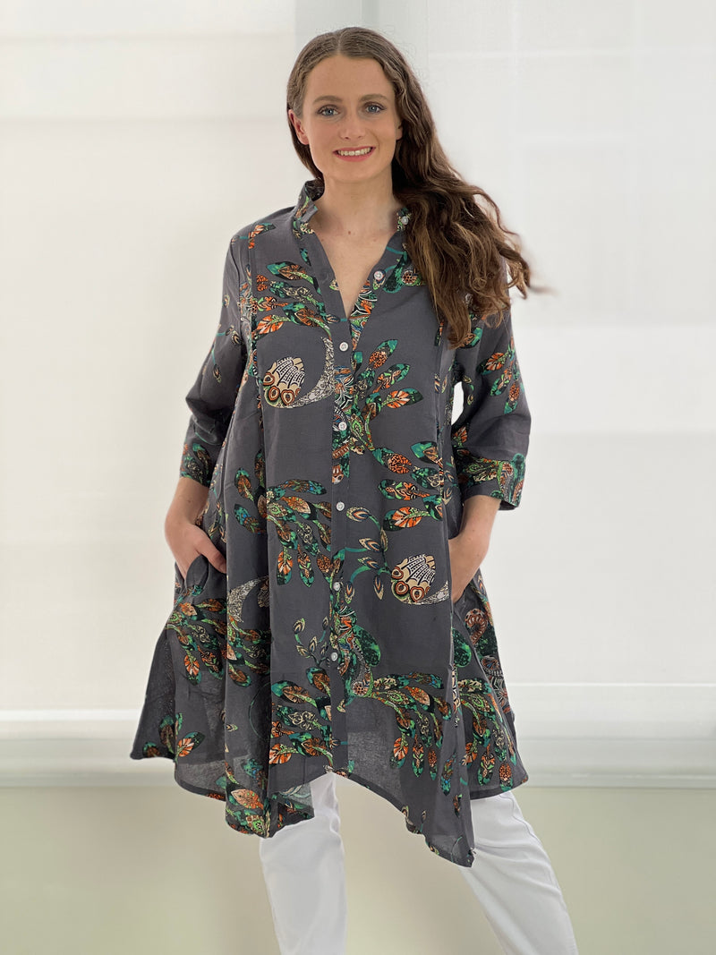 Tulum Peacock Linen Shirt Dress