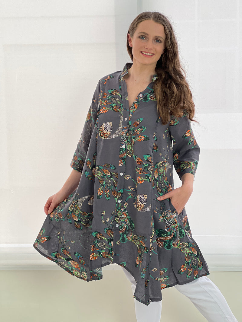 Tulum Peacock Linen Shirt Dress