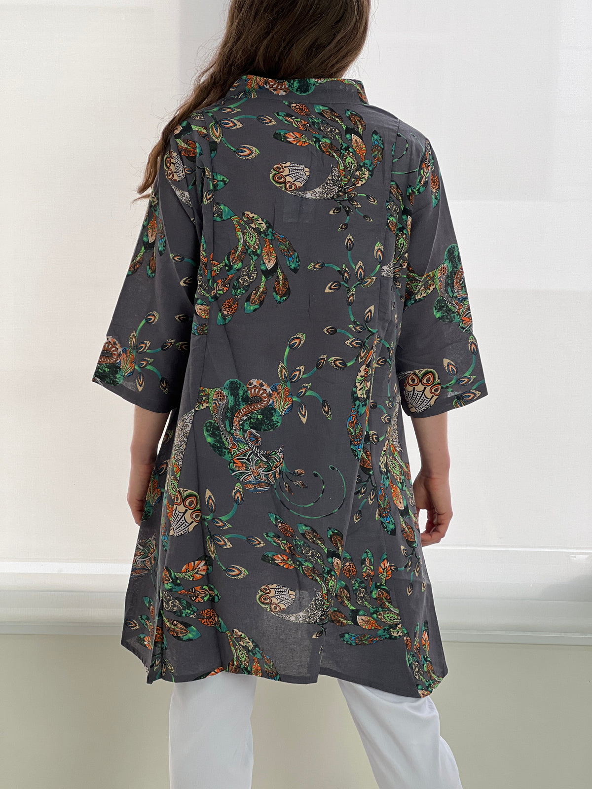 Tulum Peacock Linen Shirt Dress